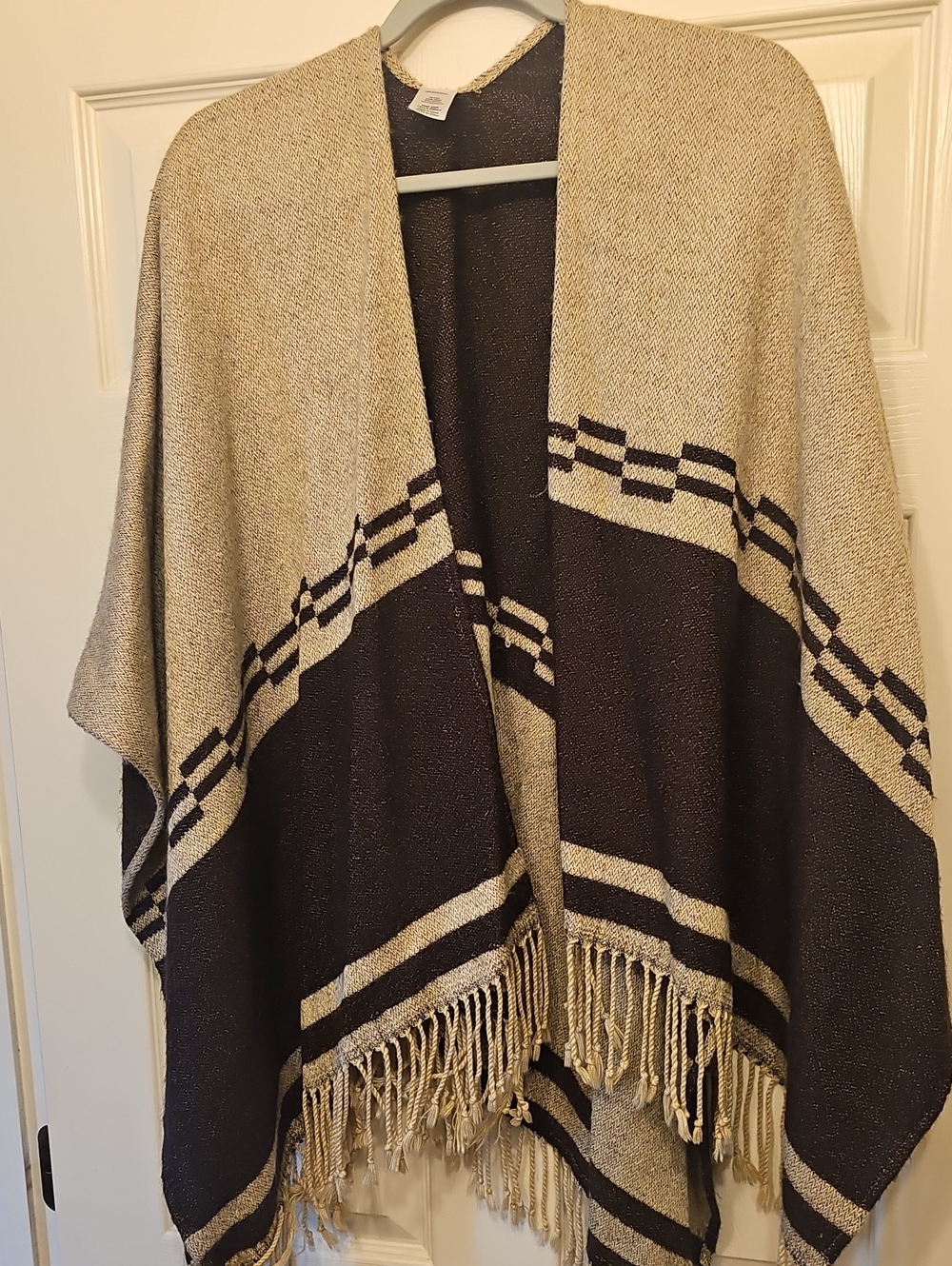 Neutral Two-Tone Fringe Throw Poncho - Beige and Brown - Picture 2 of 3